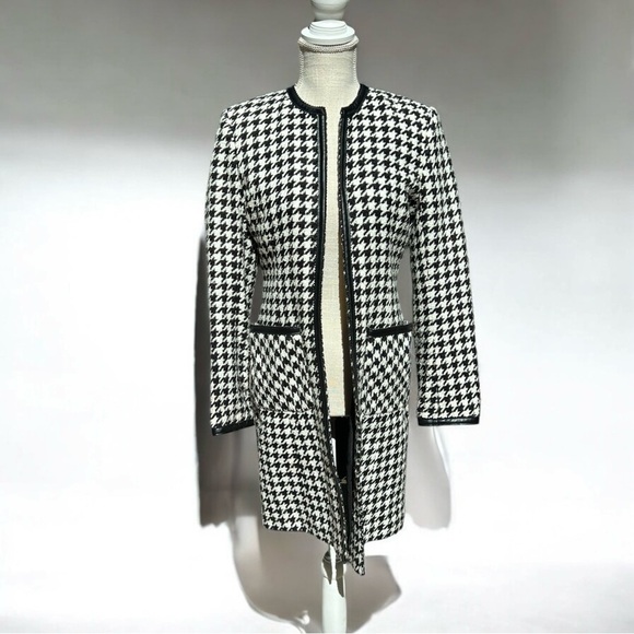 🌻VS2 By Vakko B&W Houndstooth Vegan Leather Trim Open Jacket Coat Size 4 - Picture 6 of 9